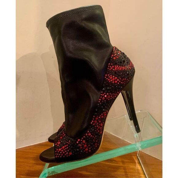 Giuseppe Zanotti Womens Black Red Jewel Encrusted Peep Toe Ankle Bootie Size 39 - Picture 1 of 12